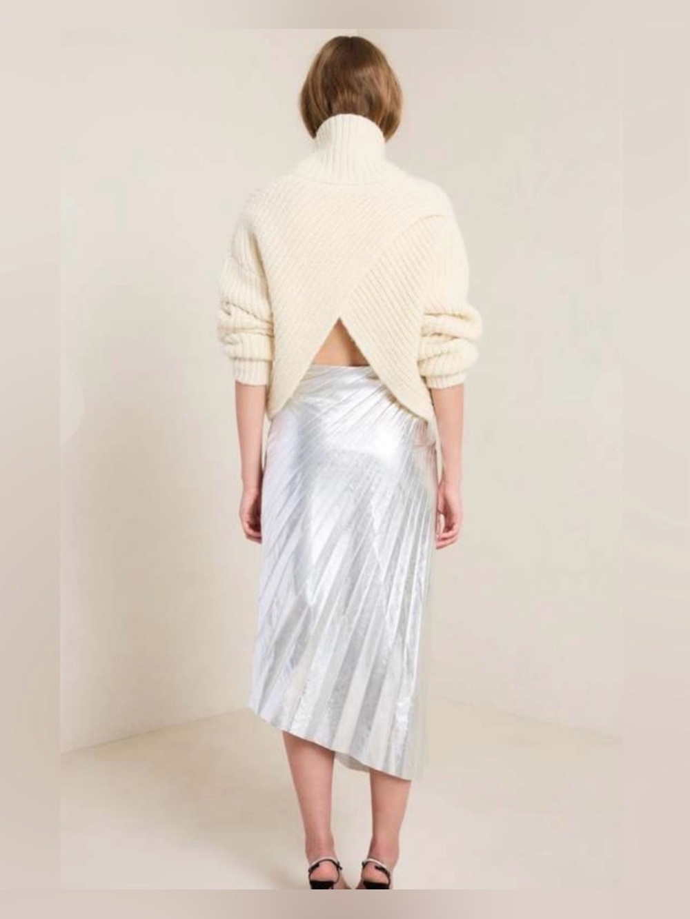 NWT A.L.C. Tori Silver Metallic Pleated Vegan Leather Midi Skirt Size 4 - Picture 2 of 6